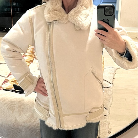 Faux shearling/fur cream oversized biker jacket from Zara women’s size M - Picture 6 of 8